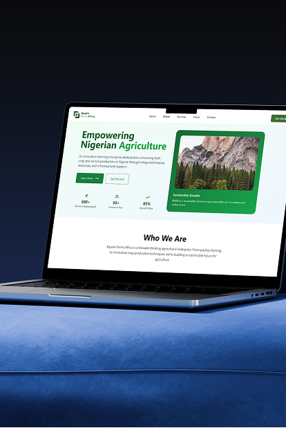 Laptop mockup of Square Farms Africa website (angle 1)